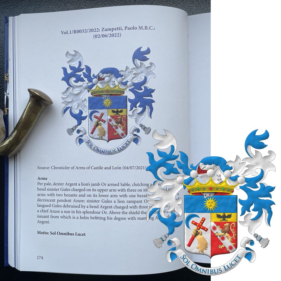 Party per pale: 1 Argent, a lion's forelegerased, bendwise proper, grasping a Latin cross bend sinisterwise Gules charged in chief with eight bezants in cross, 4 and 4, in the dexter chief, a decrescent bend sinisterwise Azure; 2 Gules, a lion rampant proper debruised by a bend Argent charged with three suns in splendour Gules, on a chief Or an eagle displayed Sable; on a chief Azure a sun in splendour Or. Crest: A helm issuant from a crown of Noble above the shield. Mantling: Azure doubled Argent. Motto: �Sol omnibus lucet� Azure over a scroll Argent doubled Azure.