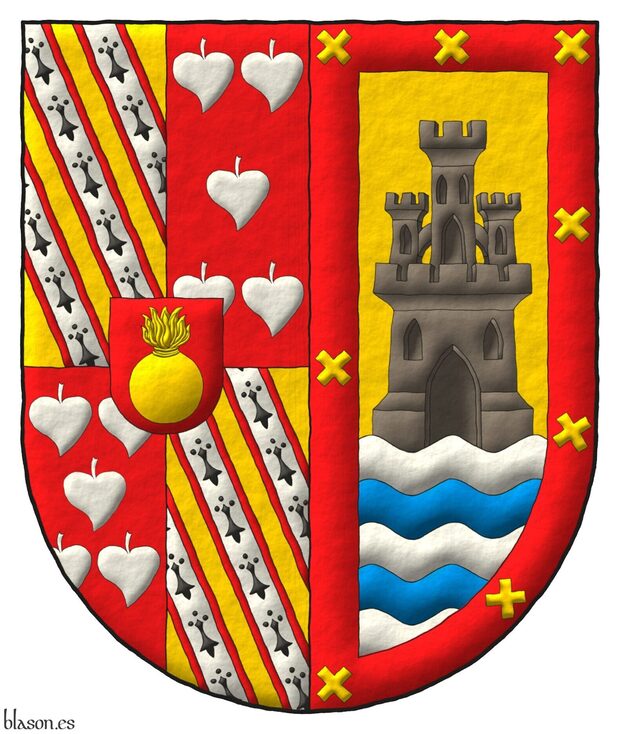 Escudo partido: 1� cuartelado: 1� y 4� de oro, tres cotizas de plata, perfiladas de gules, cargadas cada una de colas de armi�os; 2� y 3� de gules, cinco panelas en sotuer de plata; brochante sobre el todo, un escus�n de gules cargado de una bomba de oro; 2� de oro, un castillo de sable sostenido por ondas de plata y azur; una bordura de gules cargada de ocho sotueres cortados de oro.