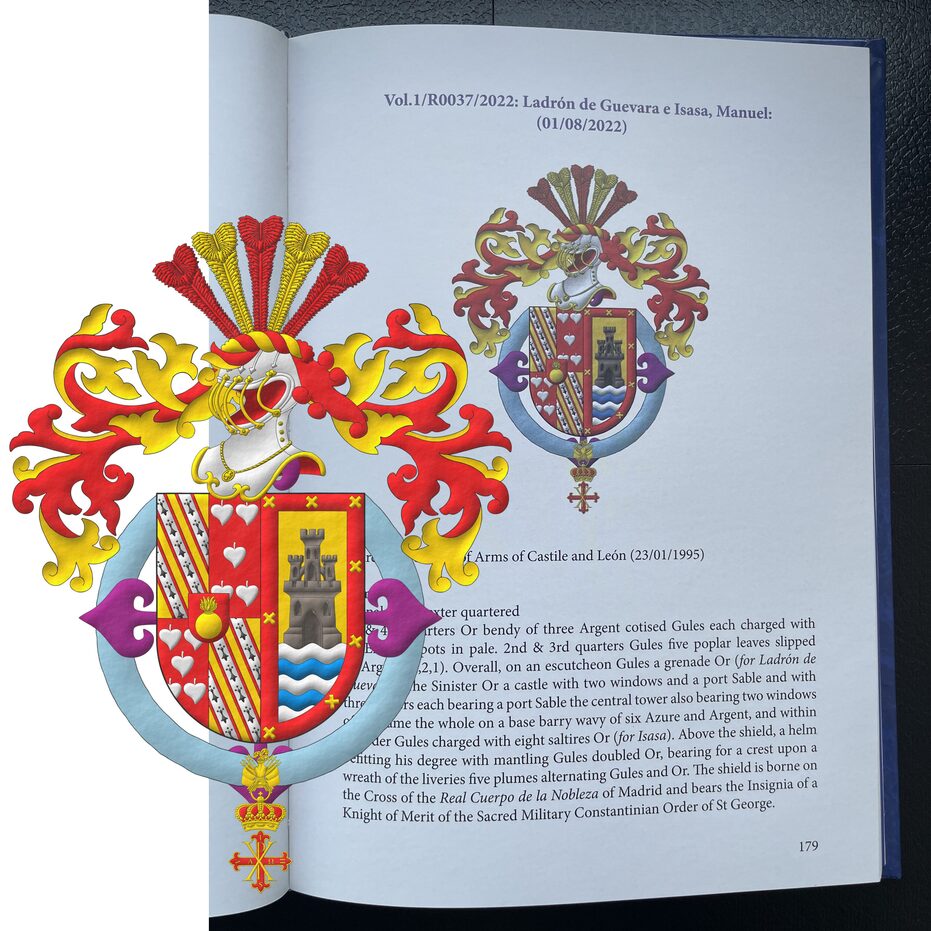 Party per pale: 1 quarterly: 1 and 4 Or, three bendlets Argent, fimbriated Gules, each charged with ermine spots; 2 and 3 Gules, five poplar leaves in saltire Argent; overall an inescutcheon Gules charged with a grenade Or; 2 Or, issuant from a sea wavy Argent and Azure, a castle triple-towered Sable; a bordure Gules charged with eight saltires couped Or. Crest: Upon a helm befitting his degree with a wreath Or and Gules, five ostrich feathers alternately Gules and Or. Mantling: Gules doubled Or. Behind the shield the cross of the Real Cuerpo de la Nobleza of Madrid. The shield is surrounded by the insignia of the Sacred Military Constantinian Order of St. George.