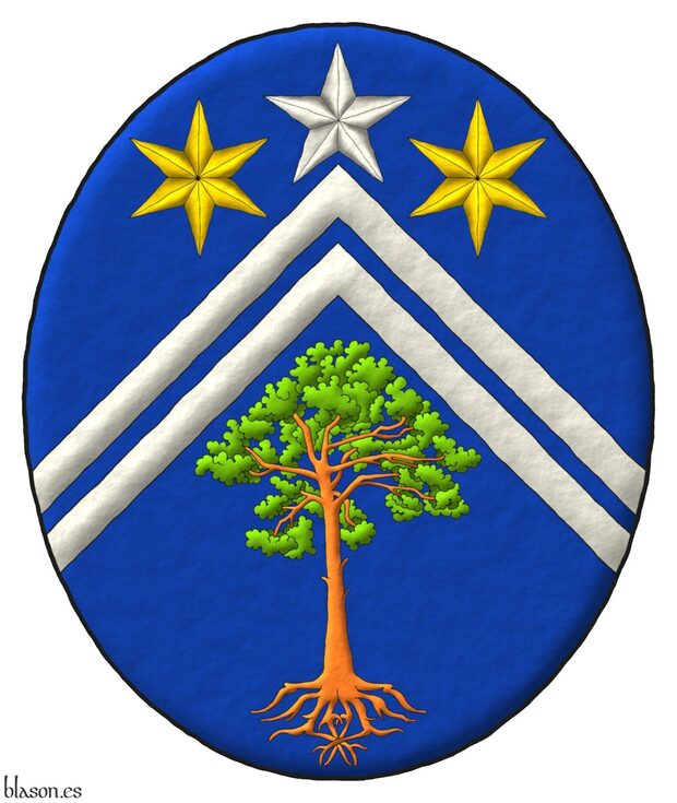 Azure, two chevronels Argent between in chief two mullets of six points Or, and in base a Scots pine eradicated proper [Grant G0066]; the whole debruised by a mullet Argent for difference.