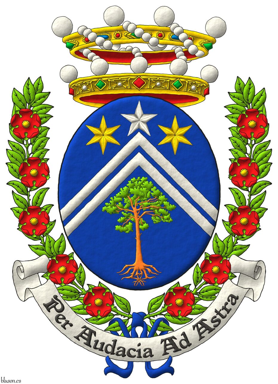 Escudo de azur, dos tenazas de plata, en cada flanco del jefe dos estrellas de seis puntas de oro y en la punta un pino silvestre (Pinus sylvestris) arrancado al natural [concesi�n G0066]; brisado de una estrella de plata. Timbrado de una corona de noble sumada de una corona de bar�n. Sostenido de dos ramas de rosas al natural ligadas con una cinta de azur. Lema: �Per audacia ad astra�.