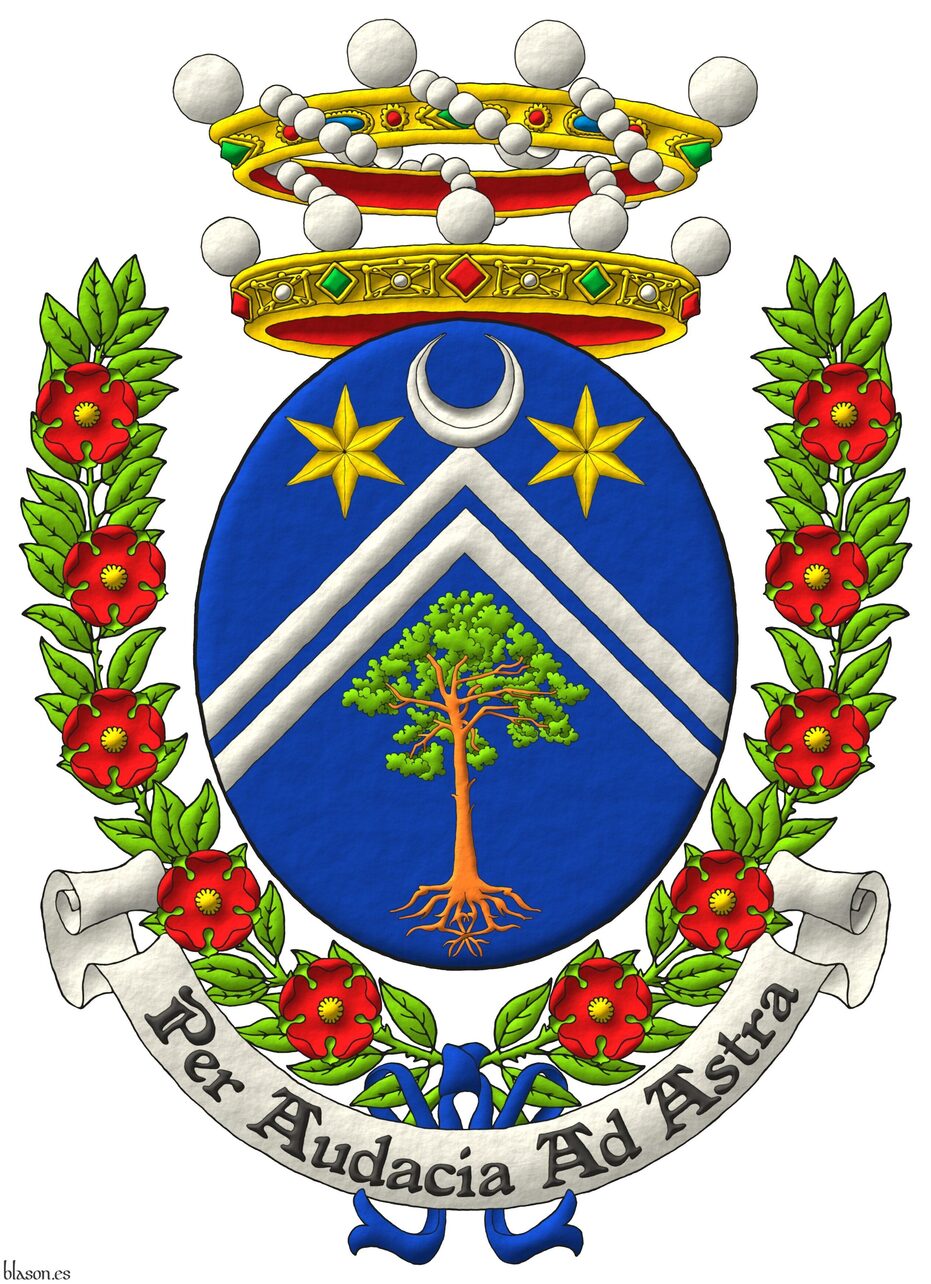 Escudo de azur, dos tenazas de plata, en cada flanco del jefe dos estrellas de seis puntas de oro y en la punta un pino silvestre (Pinus sylvestris) arrancado al natural [concesi�n G0066]; brisado de un creciente de plata. Timbrado de una corona de noble sumada de una corona de bar�n. Sostenido de dos ramas de rosas al natural ligadas con una cinta de azur. Lema: �Per audacia ad astra�.