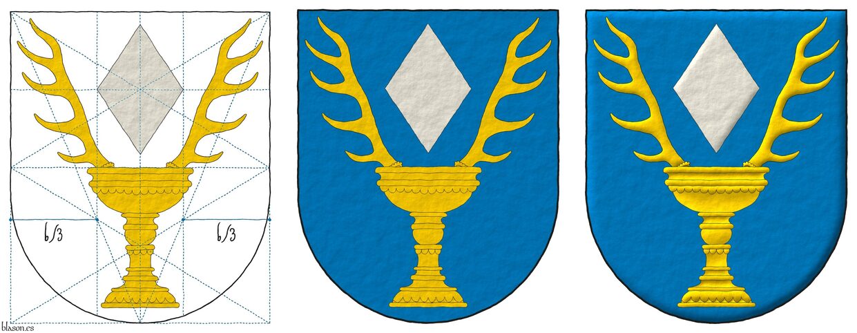 Azure, in chief a lozenge Argent between two antlers in pile issuant from a chalice Or.