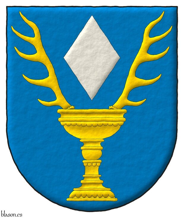Escudo de azur, en jefe un losange de plata acompa�ado de dos cuernas de ciervo en pila salientes de un c�liz todo de oro.