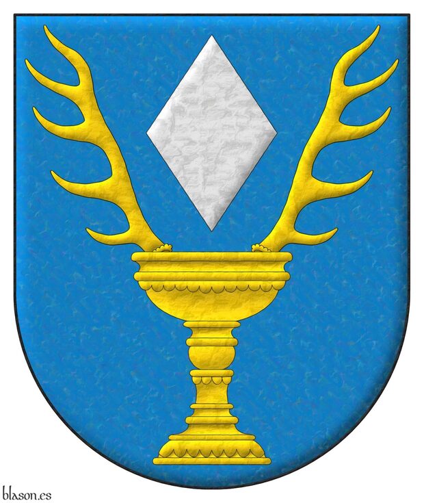 Azure, in chief a lozenge Argent between two antlers in pile issuant from a chalice Or.