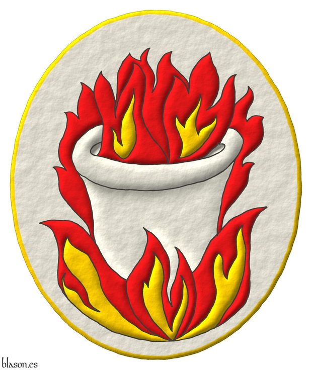 Emblema de plata, un crisol de plata, llameante y sumado a una hoguera de gules y oro.