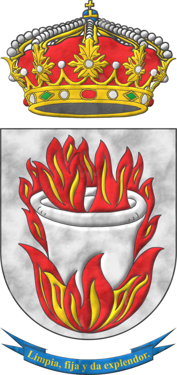 Escudo de plata, un crisol de plata, sobre una hoguera encendida de gules y oro. Timbrado de una corona real cerrada. Lema Limpia, fija y da esplendor.