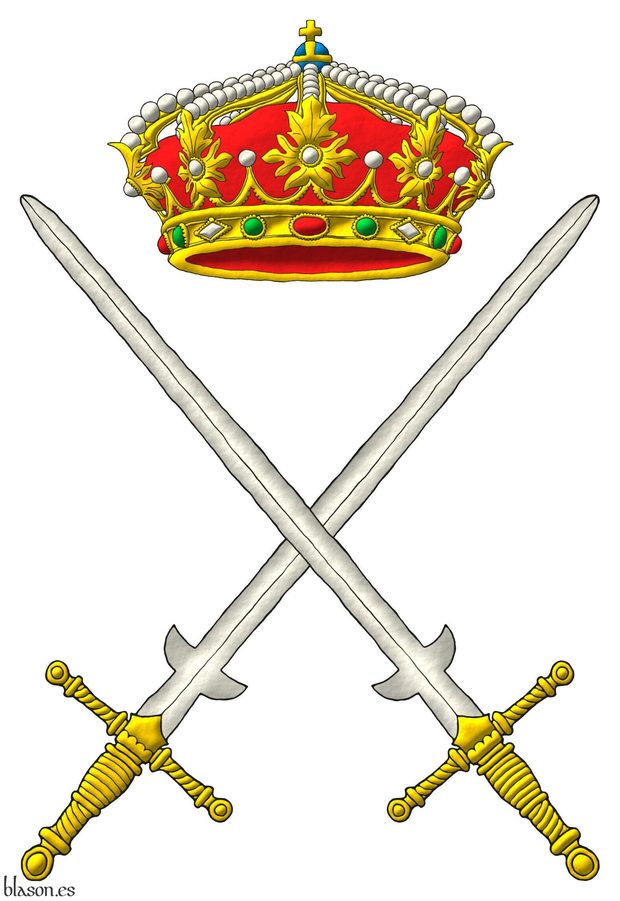 Emblema, dos mandobles en sotuer de plata, guarnecidos de oro. Timbrado de una corona real.