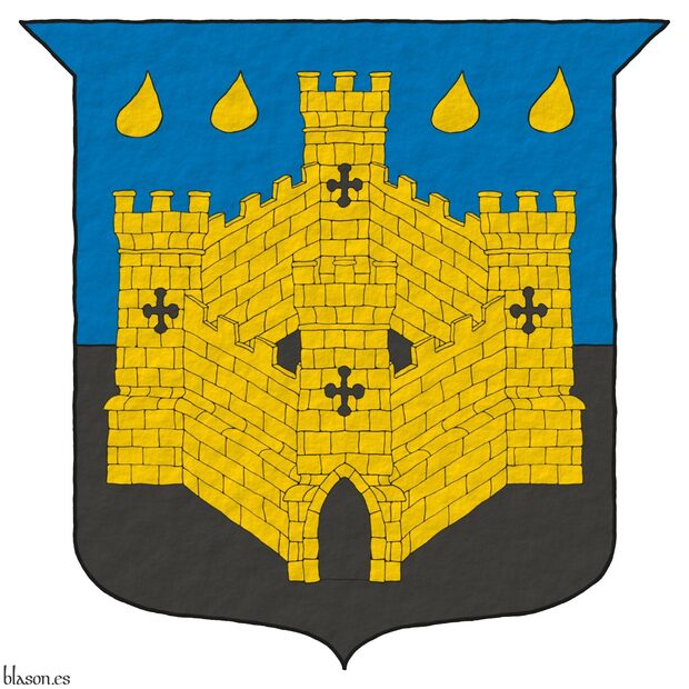 Escudo cortado de azur y sable, brochante sobre la partici�n un castillo de cuatro torres de oro, aclarado de sable, en jefe dos pares de gotas de oro.