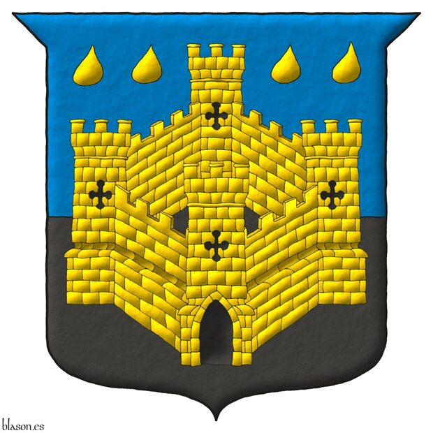 Escudo cortado de azur y sable, brochante sobre la partici�n un castillo de cuatro torres de oro, aclarado de sable, en jefe dos pares de gotas de oro.