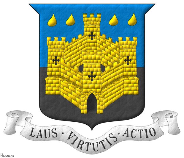 Party per fess Azure and Sable, overall a four-towered castle Or, port and windows Sable, in chief two pairs of gouttes Or. Motto: �Laus � Virtutis � Actio�.