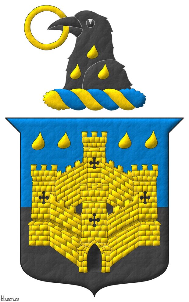Party per fess Azure and Sable, overall a four-towered castle Or, port and windows Sable, in chief two pairs of gouttes Or. Crest: Upon a wreath Or and Azure, a raven's head Sable, charged upon the neck with three gouttes, 1 and 2, and holding in its beak an annulet Or.