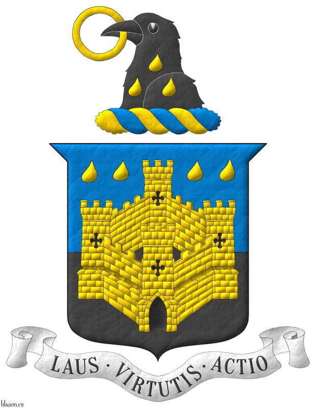 Party per fess Azure and Sable, overall a four-towered castle Or, port and windows Sable, in chief two pairs of gouttes Or. Crest: Upon a wreath Or and Azure, a raven's head Sable, charged upon the neck with three gouttes, 1 and 2, and holding in its beak an annulet Or. Motto: �Laus � Virtutis � Actio�.