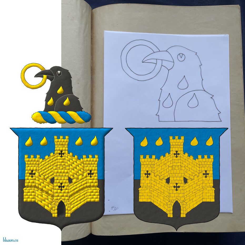 Party per fess Azure and Sable, overall a four-towered castle Or, port and windows Sable, in chief two pairs of gouttes Or. Crest: Upon a wreath Or and Azure, a raven's head Sable, charged upon the neck with three gouttes, 1 and 2, and holding in its beak an annulet Or.
