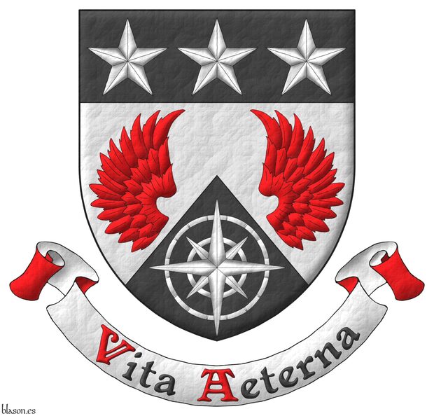 Party per chevron Argent and Sable, two wings Gules, in base a compass rose Argent; on a chief Sable, three mullets Argent. Motto: �Vitam Aeternam� Sable, with initial letters Gules, over a scroll Argent, doubled Gules.