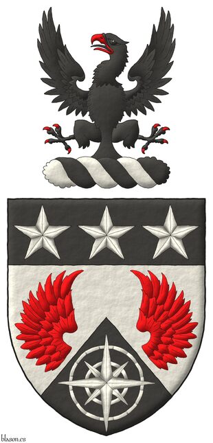 Escudo de plata, dos medios vuelos de gules, mantelado en punta de sable, cargado de una rosa de los vientos de plata; el jefe de sable, tres estrellas de cinco puntas de plata. Timbrado de un burelete de plata y sable, cimado de un �guila de sable, armada y lampasada de gules.
