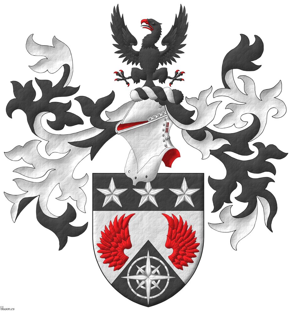Party per chevron Argent and Sable, two wings Gules, in base a compass rose Argent; on a chief Sable, three mullets Argent. Crest: Upon a helm with a wreath Argent and Sable, an eagle displayed Sable, armed and beaked Gules. Mantling: Sable doubled Argent.