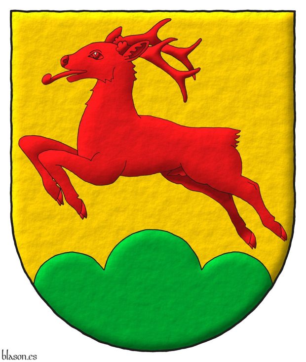 Or, a roe deer salient Gules, in base a triple mount Vert.