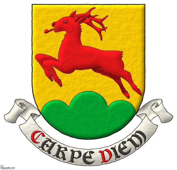 Or, a roe deer salient Gules, in base a triple mount Vert. Motto: Carpe diem.