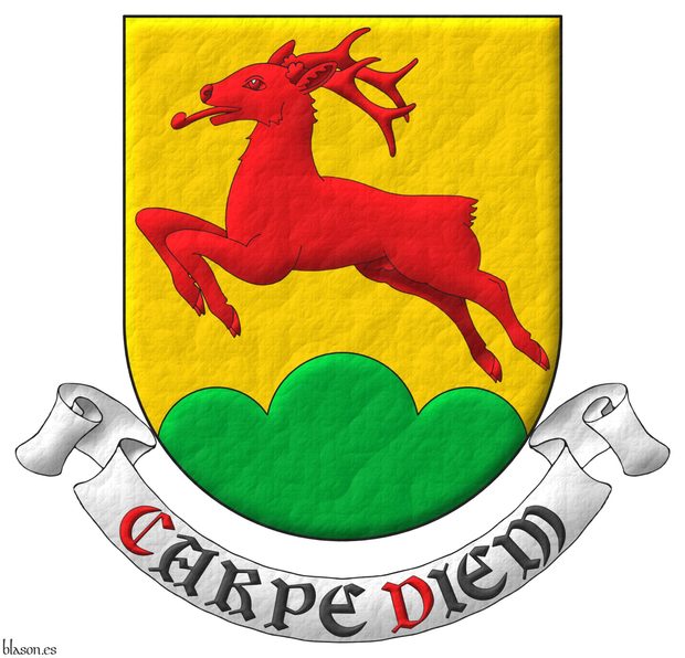 Escudo de oro, un corzo saltante de gules, en punta un monte de tres peas de sinople. Lema: Carpe diem.