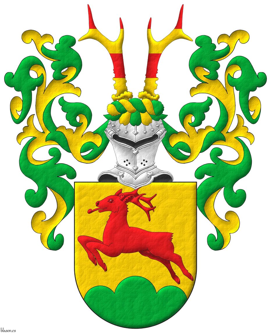 Escudo de oro, un corzo saltante de gules, en punta un monte de tres peas de sinople. Timbrado de un yelmo de frente, adornado de dos lambrequines de sinople doblados de oro, un burelete de oro y sinople, cimado de dos cuernas de corzo fajadas de gules y oro de cuatro piezas.