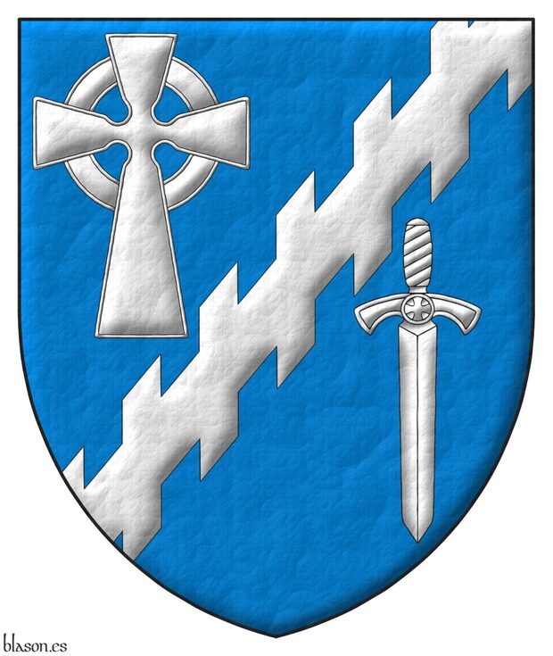 Escudo de azur, una barra ecotada acompañada, en la diestra del jefe, de una cruz celta y, en la siniestra de la punta, de una espada bajada todo de plata.