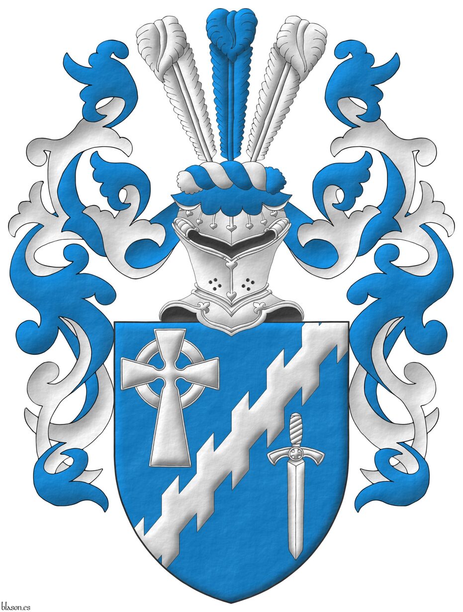 Azure, a bend sinister raguly between, in dexter chief, a Celtic cross, in sinister base, a sword point downwards Argent. Crest: Upon a helm affronty with a wreath Argent and Azure, three ostrich feathers alternately Argent and Azure. Mantling: Azure doubled Argent.