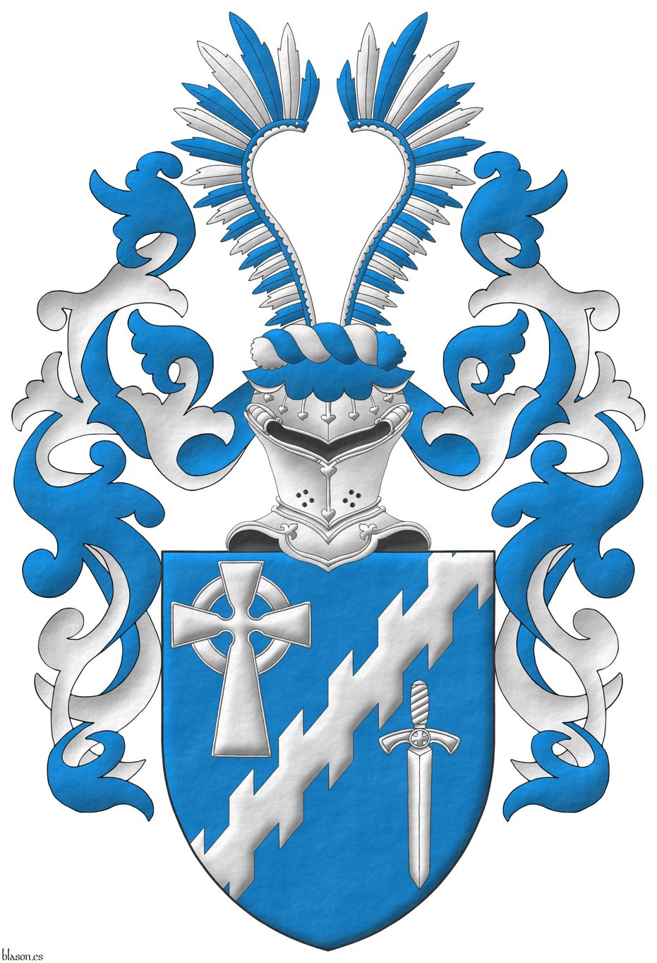 Azure, a bend sinister raguly between, in dexter chief, a Celtic cross, in sinister base, a sword point downwards Argent. Crest: Upon a helm affronty with a wreath Argent and Azure, a pair of Polish hussar wings, feathered alternately Azure and Argent. Mantling: Azure doubled Argent.
