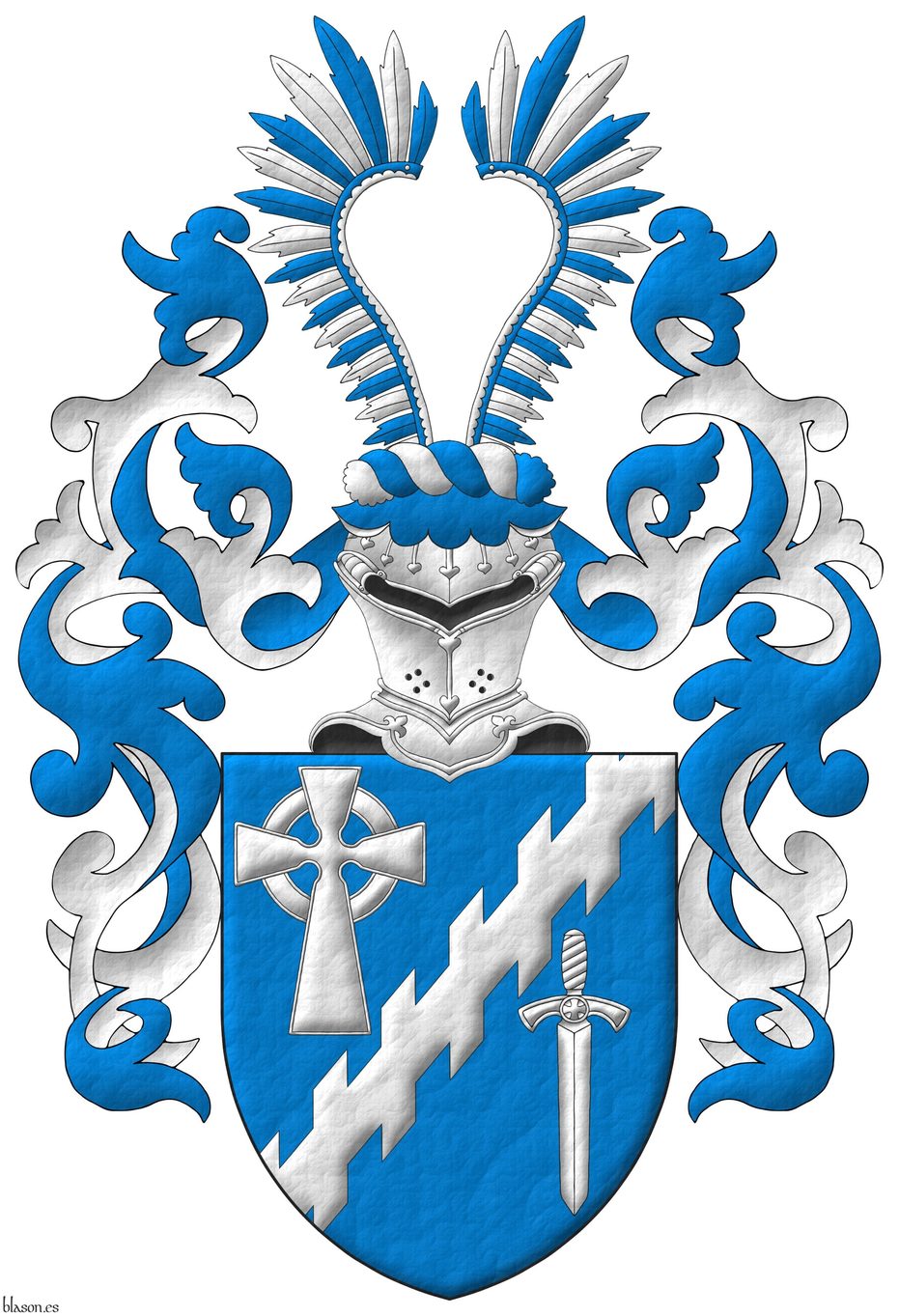 Escudo de azur, una barra ecotada acompaada, en la diestra del jefe, de una cruz celta y, en la siniestra de la punta, de una espada bajada todo de plata. Timbrado de un yelmo de frente, adornado de dos lambrequines de azur doblados de plata, un burelete de plata y azur, cimado de un vuelo de hsar polaco, empenado alternando de azur y plata.