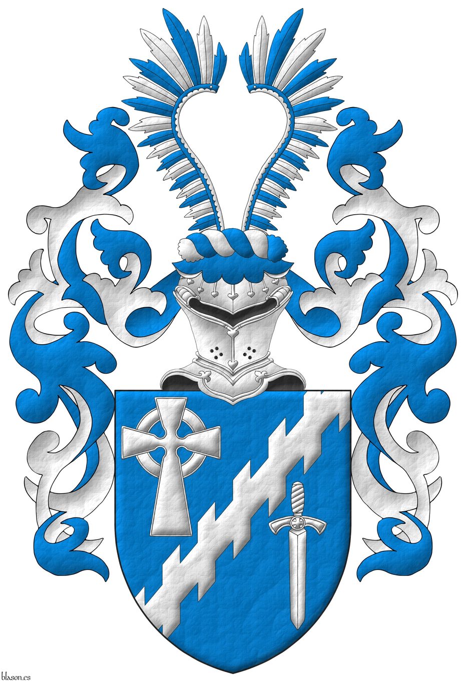 Escudo de azur, una barra ecotada acompaada, en la diestra del jefe, de una cruz celta y, en la siniestra de la punta, de una espada bajada todo de plata. Timbrado de un yelmo de frente, adornado de dos lambrequines de azur doblados de plata, un burelete de plata y azur, cimado de un penacho de tres plumas, alternando plata y azur.