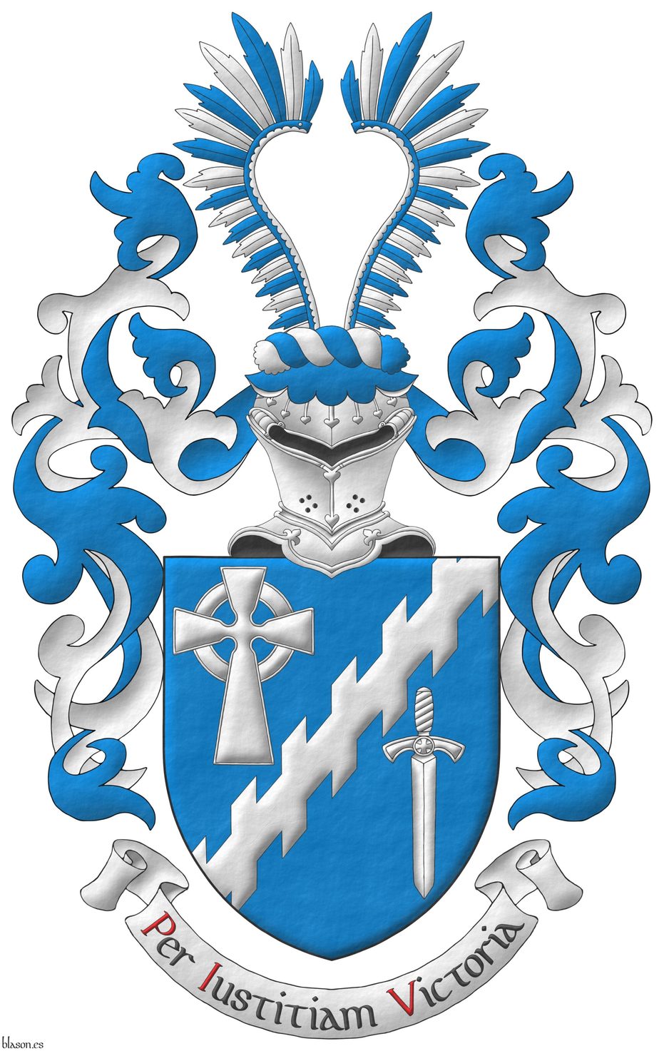 Azure, a bend sinister raguly between, in dexter chief, a Celtic cross, in sinister base, a sword point downwards Argent. Crest: Upon a helm affronty with a wreath Argent and Azure, three ostrich feathers alternately Argent and Azure. Mantling: Azure doubled Argent. Motto: Per Iustitiam Victoria Sable, with initial letters Gules, over a scroll Argent.