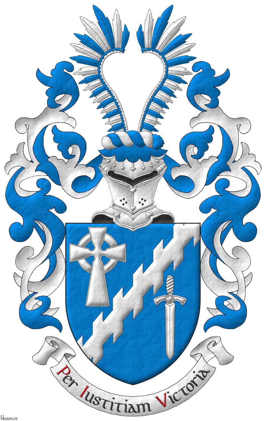 Escudo de azur, una barra ecotada acompaada, en la diestra del jefe, de una cruz celta y, en la siniestra de la punta, de una espada bajada todo de plata. Timbrado de un yelmo de frente, adornado de dos lambrequines de azur doblados de plata, un burelete de plata y azur, cimado de un penacho de tres plumas, alternando plata y azur. Lema: Per Iustitiam Victoria de sable, con letras iniciales de gules, sobre una filacteria de plata.