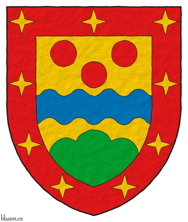 Or, a fess wavy Azure between, in chief three torteaus, and a trimount issuant from the base Vert; within a bordure Gules charged with nine mullets of four points Or.