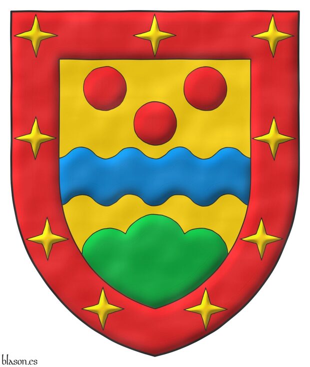 Or, a fess wavy Azure between, in chief three torteaus, and a trimount issuant from the base Vert; within a bordure Gules charged with nine mullets of four points Or.