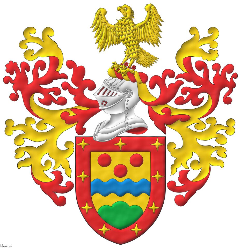 Escudo de oro, una faja ondada de azur acompa�ada, en jefe, de tres roeles de gules y, moviente de la punta, de un monte de tres pe�as de sinople; bordura de gules cargada de nueve luceros de oro. Timbrado de un yelmo adornado de lambrequines de gules doblados de oro, un burelete de oro y gules, cimado de un halc�n azorado de oro, cascabelado de gules.