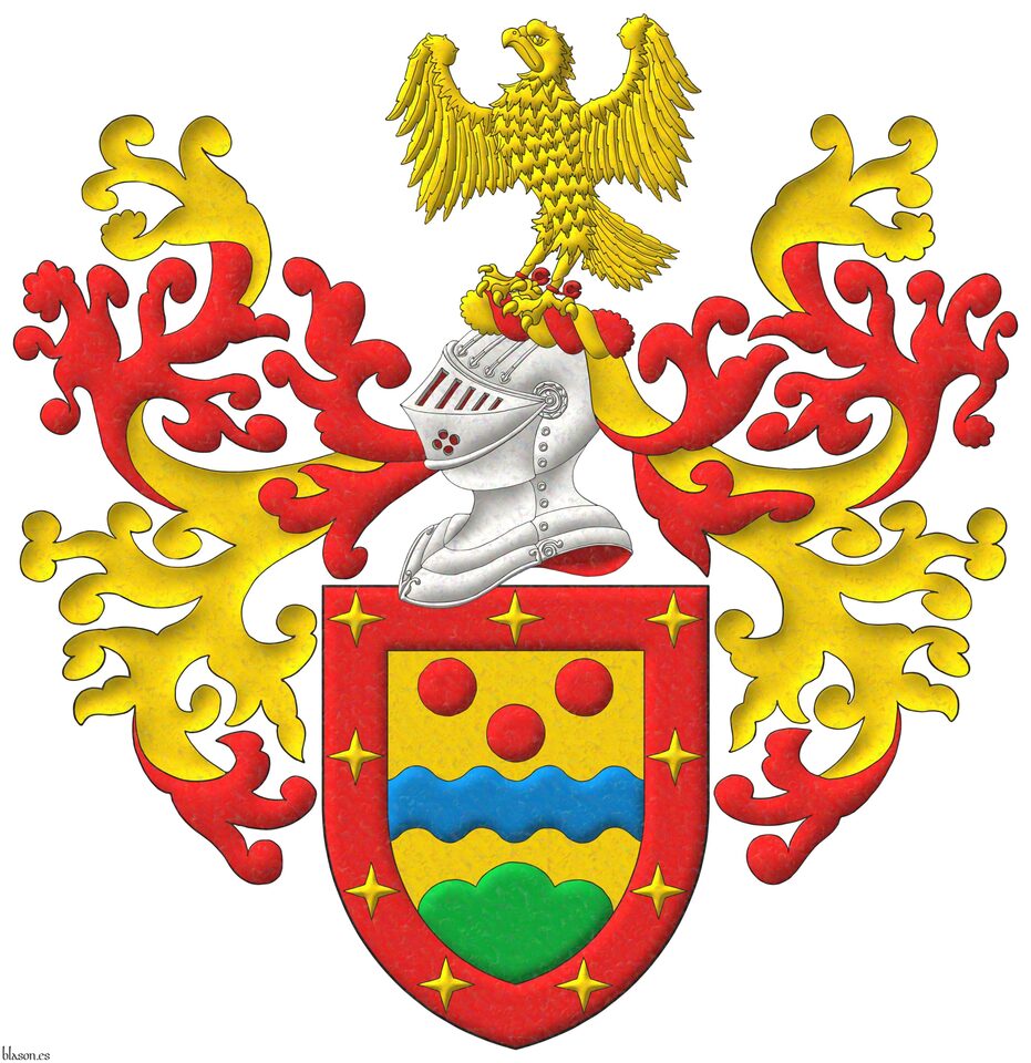 Or, a fess wavy Azure between, in chief three torteaus, and a trimount issuant from the base Vert; within a bordure Gules charged with nine mullets of four points Or. Crest: Upon a helm with wreath Or and Gules, a falcon rising Or, belled Gules. Mantling: Gules doubled Or.