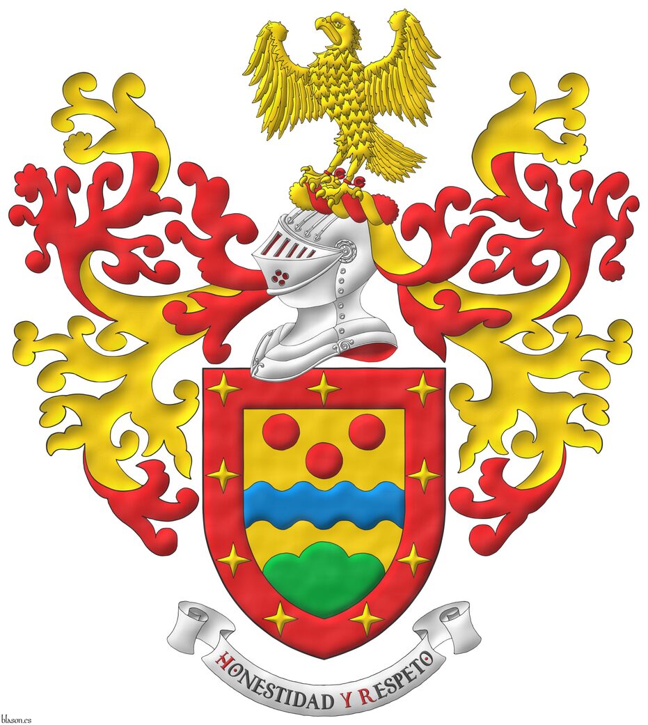 Escudo de oro, una faja ondada de azur acompa�ada, en jefe, de tres roeles de gules y, moviente de la punta, de un monte de tres pe�as de sinople; bordura de gules cargada de nueve luceros de oro. Timbrado de un yelmo adornado de lambrequines de gules doblados de oro, un burelete de oro y gules, cimado de un halc�n azorado de oro, cascabelado de gules. Lema: �Honestidad y Respeto�.