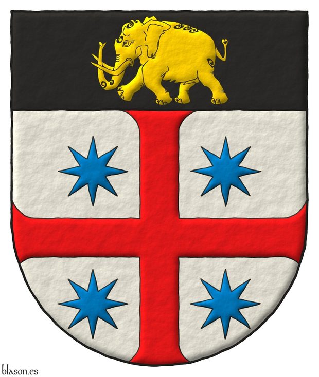 Escudo de plata, una estrecha patada de gules, cantonada de cuatro estrellas de ocho puntas de azur; en un jefe de sable, un elefante pasante de oro.