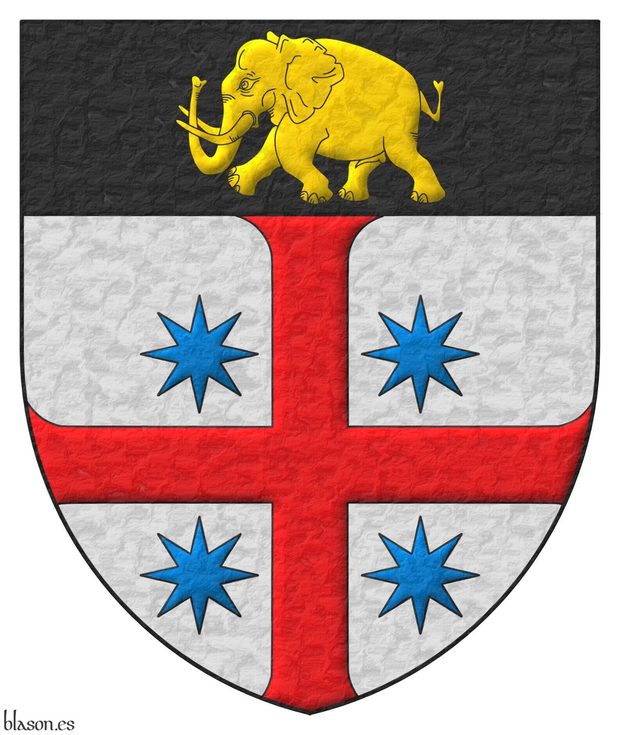 Escudo de plata, una estrecha patada de gules, cantonada de cuatro estrellas de ocho puntas de azur; en un jefe de sable, un elefante pasante de oro.