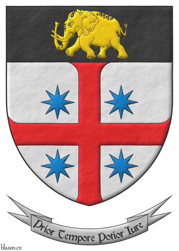 Escudo de plata, una estrecha patada de gules, cantonada de cuatro estrellas de ocho puntas de azur; en un jefe de sable, un elefante pasante de oro. Lema: Prior tempore potior iure