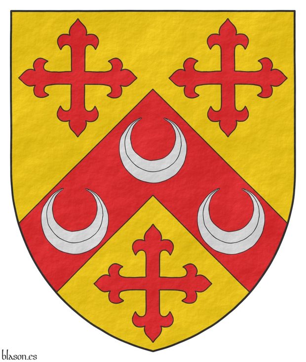 Escudo de oro, un cabrio de gules, cargado de tres crecientes de plata, acompaado de tres cruces flordelisadas de gules.