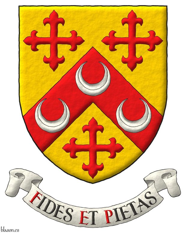 Escudo de oro, un cabrio de gules, cargado de tres crecientes de plata, acompaado de tres cruces flordelisadas de gules. Lema: Fides et pietas.