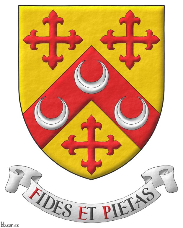 Or, on a chevron, between three crosses flory Gules, three crescents Argent. Motto: «Fides et pietas».