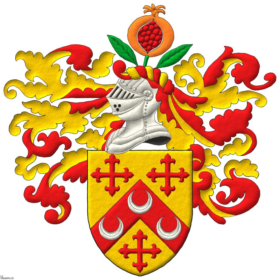 Escudo de oro, un cabrio de gules, cargado de tres crecientes de plata, acompaado de tres cruces flordelisadas de gules. Timbrado de un yelmo, adornado de dos lambrequines de gules doblados de oro, un burelete de oro y gules, cimado de una granada al natural, tajada de gules, tallada y hojada de sinople.