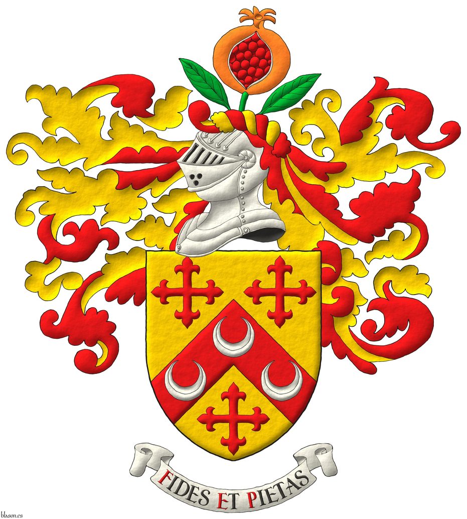 Escudo de oro, un cabrio de gules, cargado de tres crecientes de plata, acompaado de tres cruces flordelisadas de gules. Timbrado de un yelmo, adornado de dos lambrequines de gules doblados de oro, un burelete de oro y gules, cimado de una granada al natural, tajada de gules, tallada y hojada de sinople. Lema: Fides et pietas.