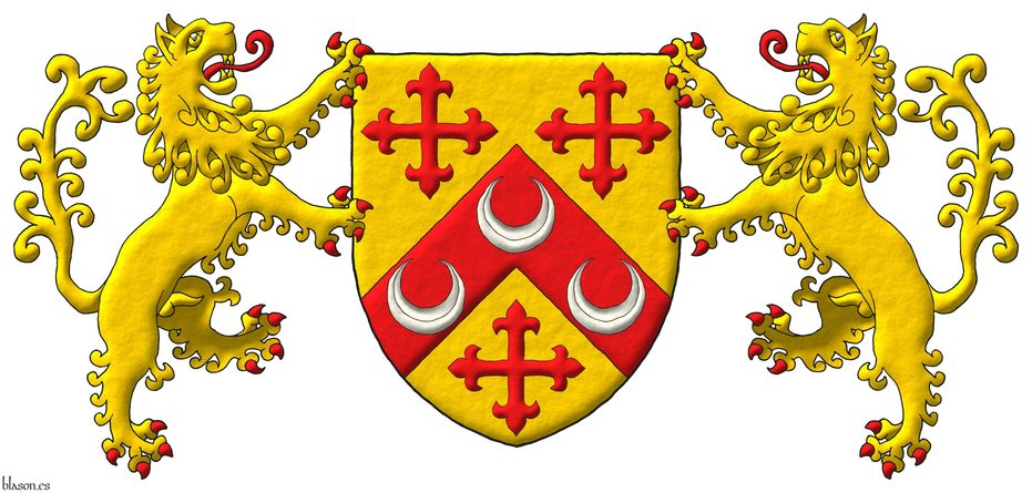 Escudo de oro, un cabrio de gules, cargado de tres crecientes de plata, acompaado de tres cruces flordelisadas de gules. Por soportes dos leones rampantes de oro, lampasados y armados de gules.