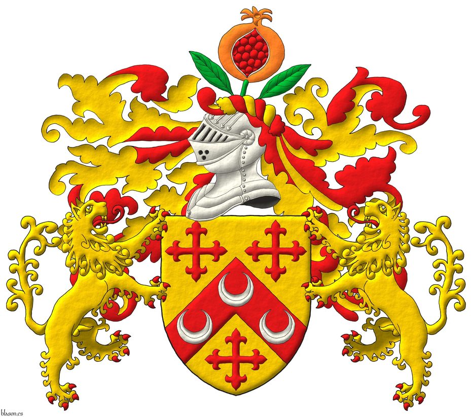 Escudo de oro, un cabrio de gules, cargado de tres crecientes de plata, acompaado de tres cruces flordelisadas de gules. Timbrado de un yelmo, adornado de dos lambrequines de gules doblados de oro, un burelete de oro y gules, cimado de una granada al natural, tajada de gules, tallada y hojada de sinople. Por soportes dos leones rampantes de oro, lampasados y armados de gules.