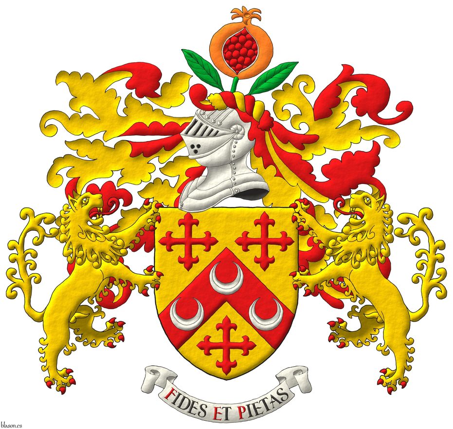 Escudo de oro, un cabrio de gules, cargado de tres crecientes de plata, acompaado de tres cruces flordelisadas de gules. Timbrado de un yelmo, adornado de dos lambrequines de gules doblados de oro, un burelete de oro y gules, cimado de una granada al natural, tajada de gules, tallada y hojada de sinople. Por soportes dos leones rampantes de oro, lampasados y armados de gules. Lema: Fides et pietas.