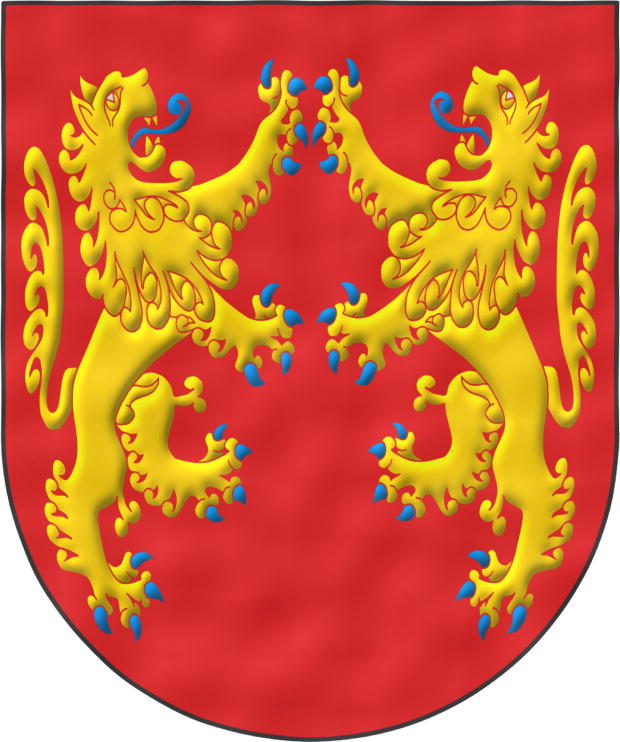 Escudo de gules, dos leones de oro, afrontados, armados y lampasados de azur.