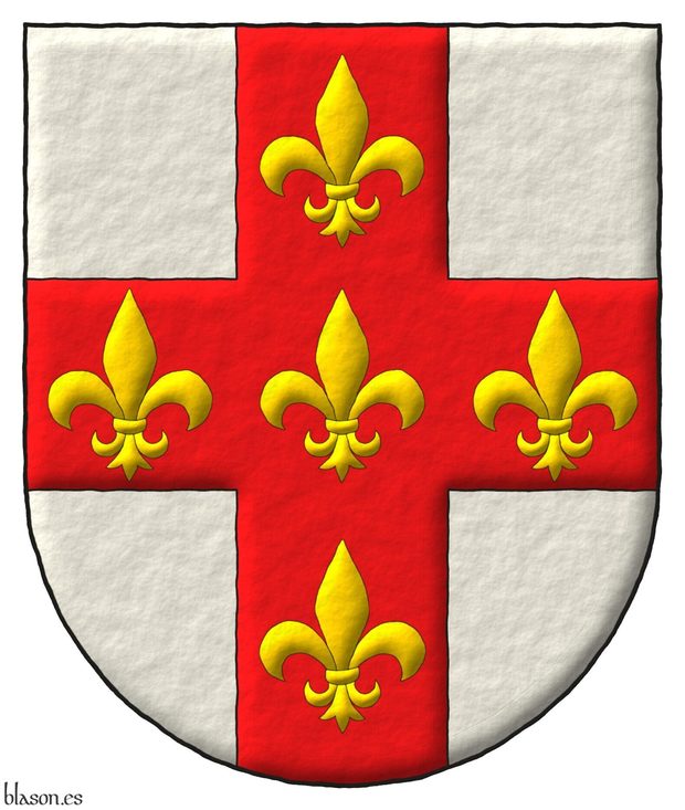 Argent, on a cross Gules five fleurs de lis Or.